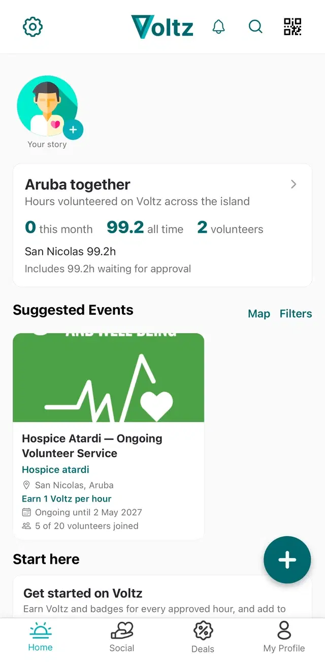 Voltz home screen with events in Aruba