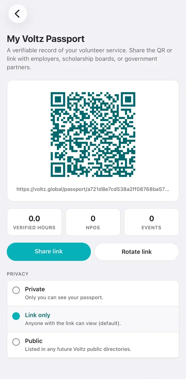 Voltz Passport with a shareable QR code